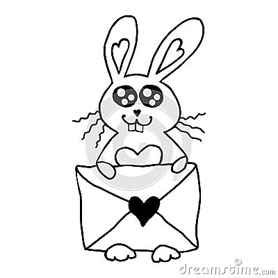 Vector cute contour bunny with love letter. Hand drawn doodle. Simple design element, clip art Vector Illustration