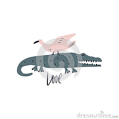 Vector cute crocodile and bird friendship concept. Wild safari African animals. Funny cartoon doodle characters in scandinavian Stock Photo