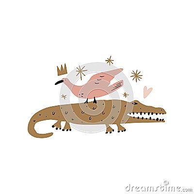 Vector cute crocodile and bird friendship concept. Wild safari African animals. Funny cartoon doodle characters in scandinavian Stock Photo