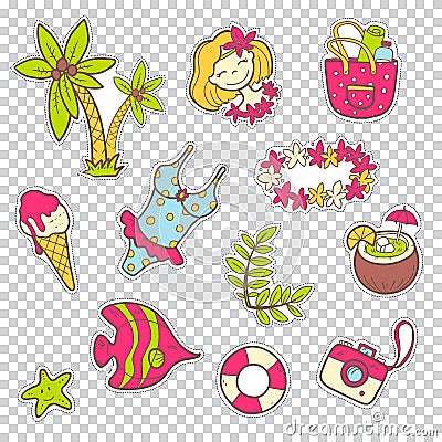 Vector cute doodle collection of summer stickers. The sea vacati Vector Illustration