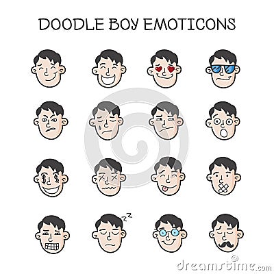 Vector cute doodle heads set. Boy emoticons collection. Emoji icons Vector Illustration