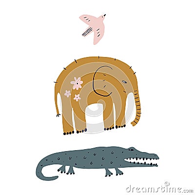 Vector cute elephant, crocodile and bird friendship concept. Wild safari African animals. Funny cartoon doodle characters in Stock Photo