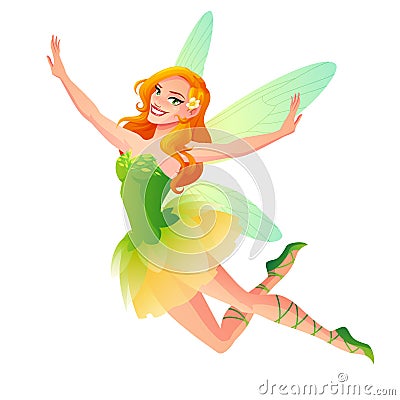 Vector cute flying floral fairy with wings in green dress. Vector Illustration