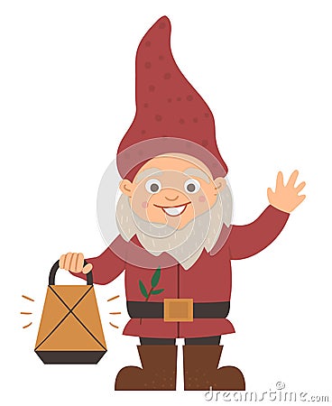 Vector cute garden gnome. Funny dwarf with lantern isolated on white background. Vector Illustration