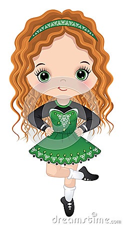 Vector Cute Girl Dancing Irish Dance in Traditional Celtic Dress Vector Illustration