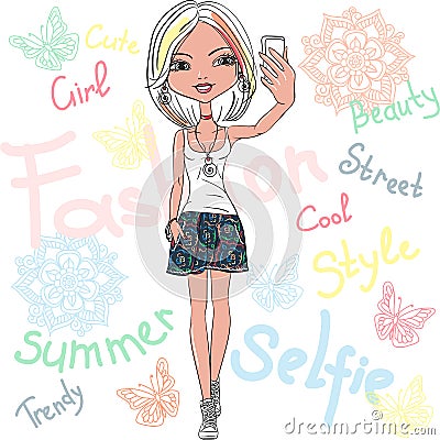 Vector cute girl makes selfie Vector Illustration