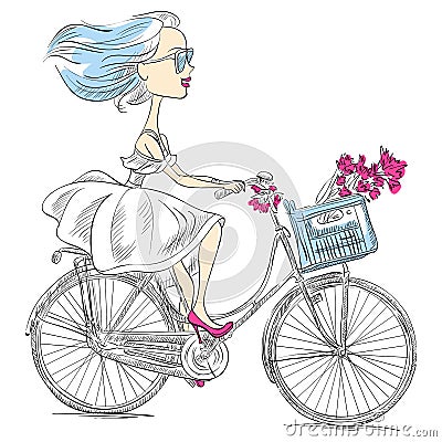 Vector cute girl rides a bicycle Vector Illustration