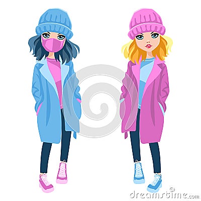 Vector cute girls in warm coats Vector Illustration