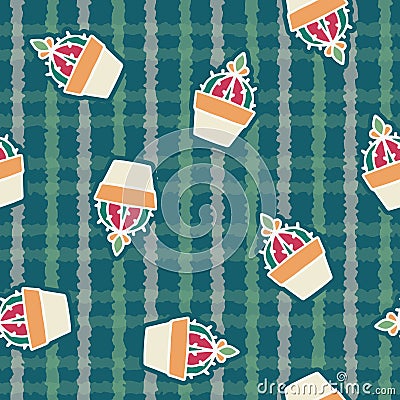 Vector Cute Hand Drawn Cacti on Plaid seamless pattern background. Vector Illustration