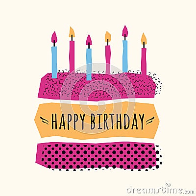 Vector cute Happy Birthday card with cake, candles Vector Illustration
