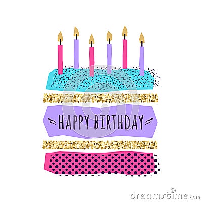 Vector cute Happy Birthday card with cake, candles Vector Illustration