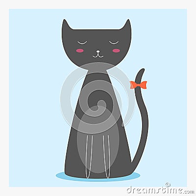 Vector cute happy flat domestic animal cat with orange bow on the long tail Vector Illustration