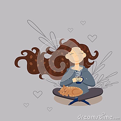 Vector cute happy relaxed girl witn windblown waved hair is holding cup with hot coffee and sleeping cat. Vector Illustration