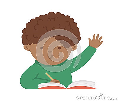 Vector cute happy schoolboy with hand up. Elementary school classroom illustration. Clever dark skinned kid at the lesson. Boy Vector Illustration