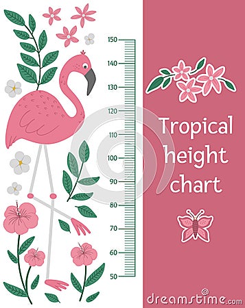 Vector cute height chart with pink flamingo, tropical leaves and butterfly. Funny wall decoration with exotic bird. Bright flat Vector Illustration