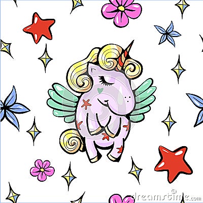 Vector cute illustration with pegasus shy baby unicorn with wings seamless pattern Vector Illustration