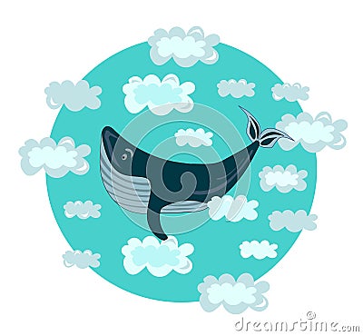 Vector cute, kawaii childish print. Whale flying in the blue clouds. Motivation concept. Vector Illustration