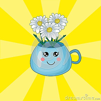 Vector cute kawaii illustration with blue cup, vase fo flowers on the yellow background. Vector Illustration