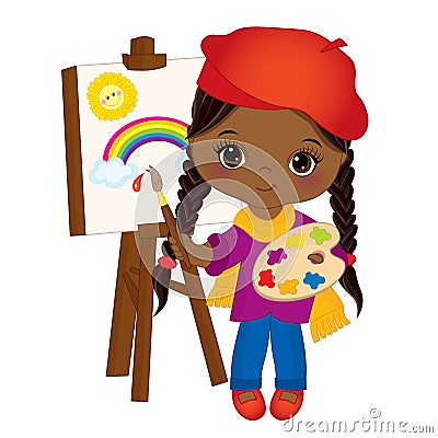 Vector cute Little African American Artist Panting on Easel. Vector Little Girl Vector Illustration