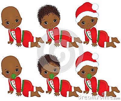 Vector Cute Little African American Baby Boys Wearing Christmas Clothes Vector Illustration