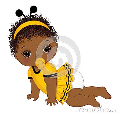 Cute Little African American Baby Girl Wearing Bee Antenna Headband Crawling. Vector Black Baby Girl Vector Illustration