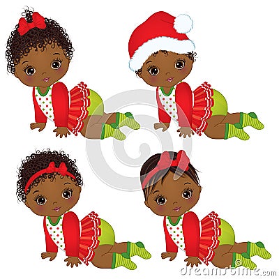 Vector Cute African American Baby Girls Wearing Christmas Clothes Vector Illustration