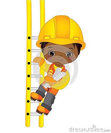 Vector Cute Little African American Boy Climbing Up the Ladder. Vector Construction Vector Illustration