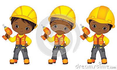 Vector Cute Little African American Boys Drilling Vector Illustration