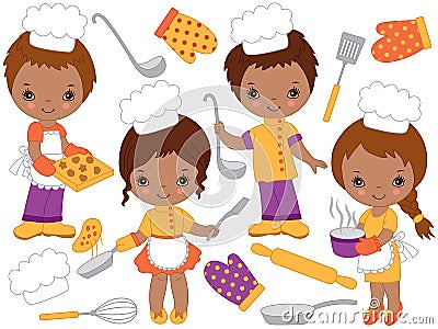 Vector Cute Little African American Chefs Cooking and Baking. Vector Small Kids Vector Illustration