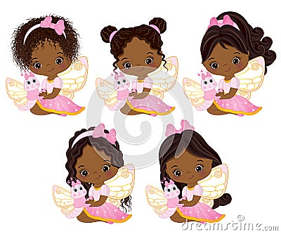 Vector Cute Little African American Fairies with Butterflies Vector Illustration