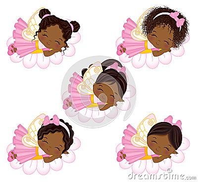 Vector Cute Little African American Fairies Sleeping on Flowers Vector Illustration