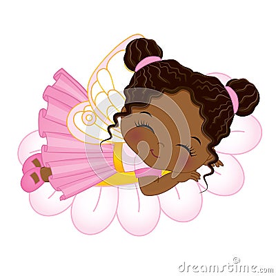 Vector Cute Little African American Fairy Sleeping on Flower Vector Illustration