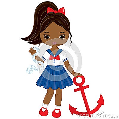 Vector Cute Little African American Girl with Anchor. Nautical Girl Vector Illustration Vector Illustration