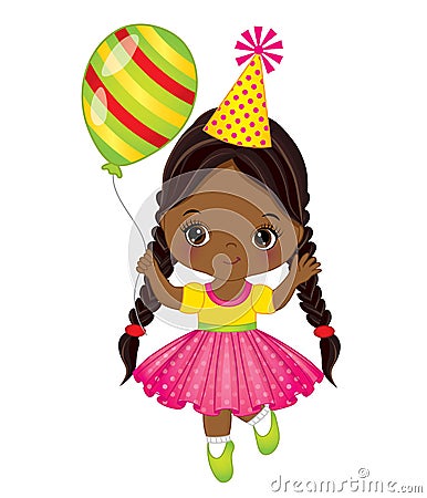 Vector Cute Little African American Girl with Balloon Vector Illustration