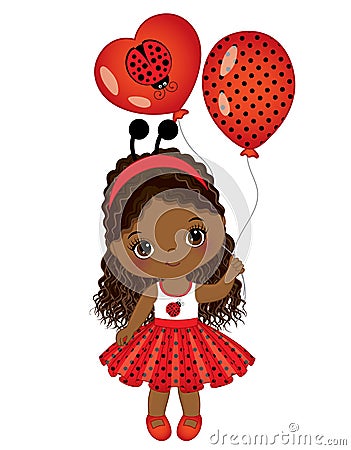 Cute Black Girl Wearing Ladybug Antenna Headband. Vector Ladybug Girl Vector Illustration