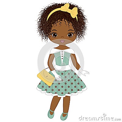 Vector Cute Little African American Girl in Retro Style Vector Illustration