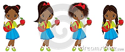 Vector Cute Little African American Girl with School Bags and Red Apples Vector Illustration