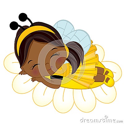 Vector Cute Little African American Girl Sleeping on Flower Vector Illustration