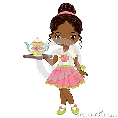 Vector Cute Little African American Girl with Tea Pot Vector Illustration