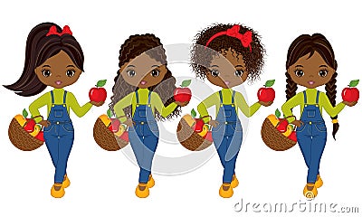 Vector Cute Little African American Girls with Baskets of Apples Vector Illustration