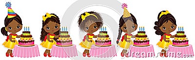 Vector Cute Little African American Girls Blowing out Candles on Birthday Cakes Vector Illustration