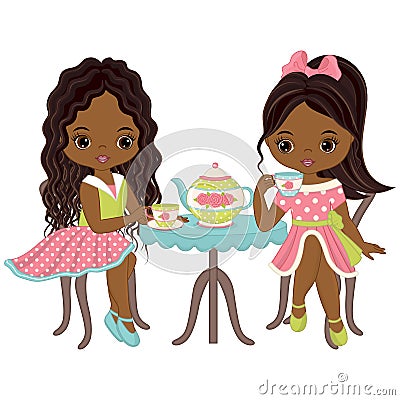 Vector Cute Little African American Girls Having Tea Vector Illustration