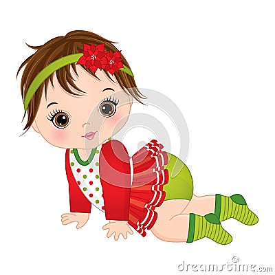 Vector Cute Little Baby Girl Wearing Christmas Clothes Vector Illustration