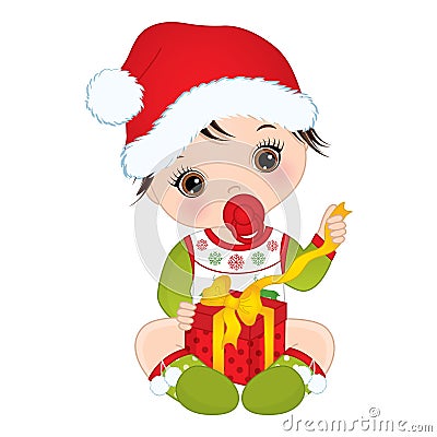 Vector Cute Little Baby Girl Wearing Christmas Clothes Vector Illustration