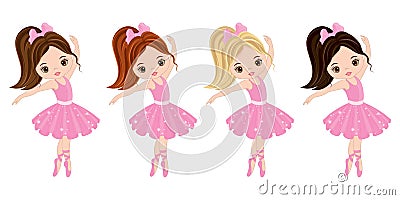 Vector Cute Little Ballerinas with Various Hair Colors Vector Illustration