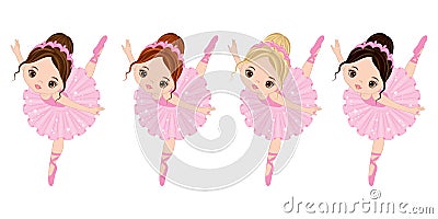 Vector Cute Little Ballerinas with Various Hair Colors Vector Illustration