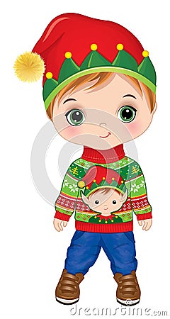 Vector Cute Little Boy Wearing Elf Hat and Christmas Sweater Vector Illustration