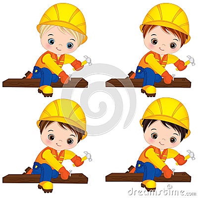 Vector Cute Little Boys Hammering Nails. Vector Little Builders Vector Illustration