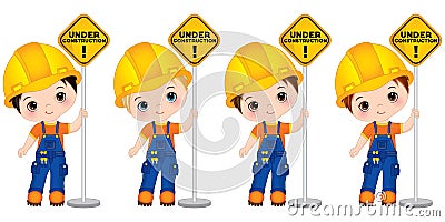 Vector Cute Little Boys Holding the Sign - Under Construction. Vector Little Builders Vector Illustration