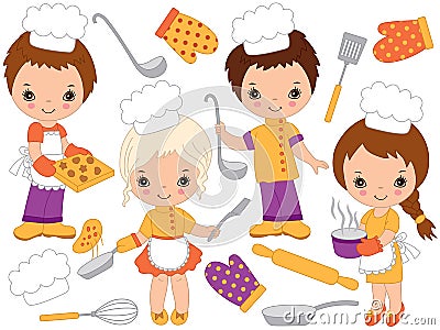 Vector Cute Little Chefs Cooking and Baking. Vector Little Kids Vector Illustration